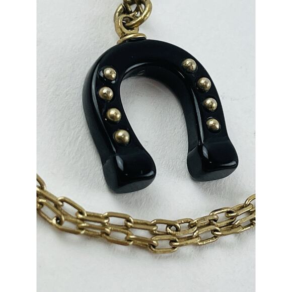 J. Crew Designer Gold Tone Horseshoe Black Pendant Necklace 27” Hoof Brass Tone - Picture 12 of 16